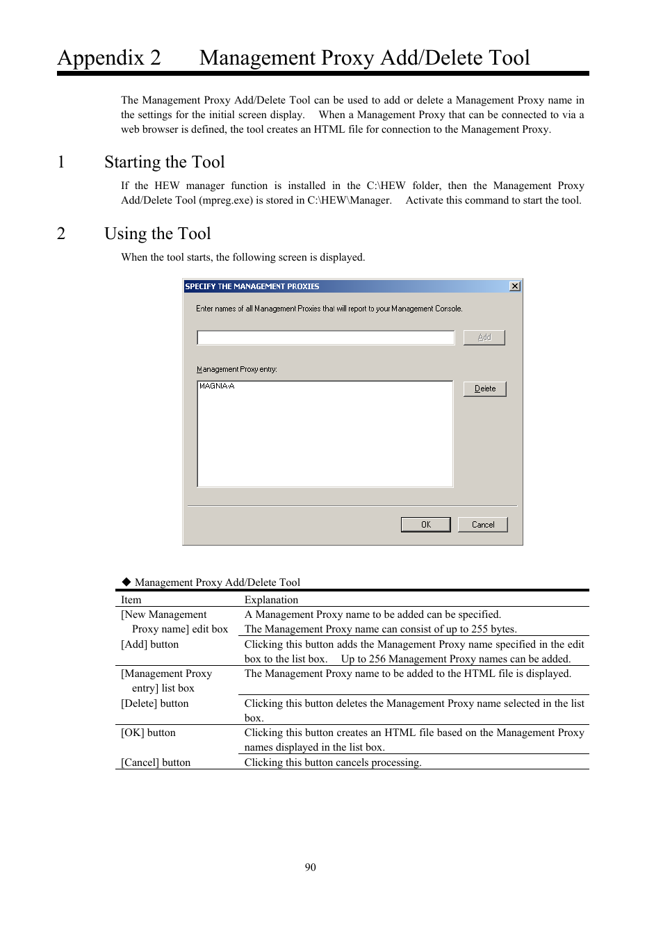 Appendix 2, Management proxy add/delete tool, Starting the tool | Using the tool, Appendix 2 management proxy add/delete tool, 1starting the tool, 2using the tool | Toshiba Magnia 550d User Manual | Page 102 / 140