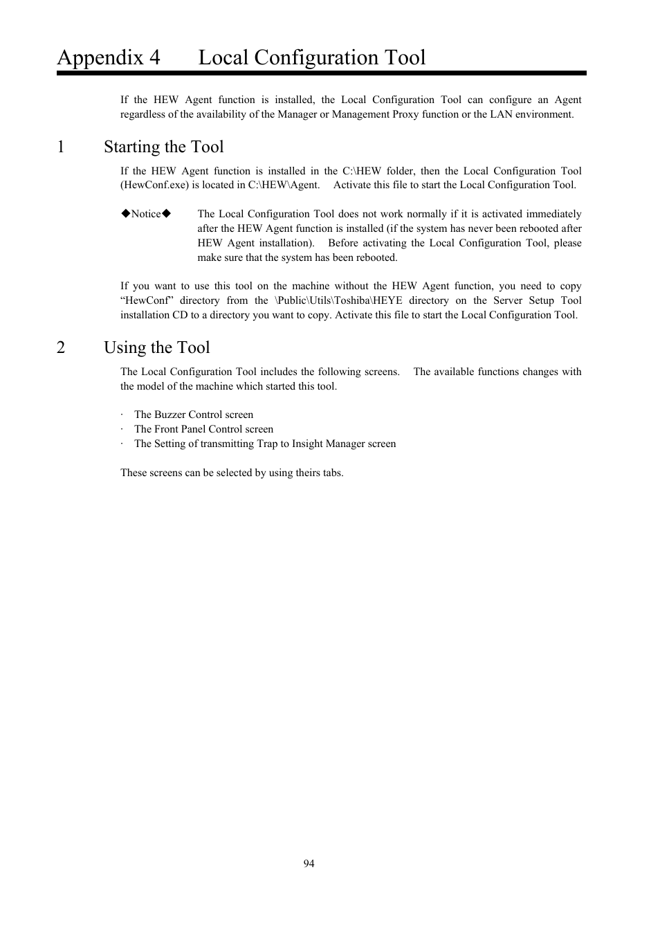 Appendix 4, Local configuration tool, Starting the tool | Using the tool, Appendix 4 local configuration tool, 1starting the tool, 2using the tool | Toshiba Magnia 550d User Manual | Page 106 / 140