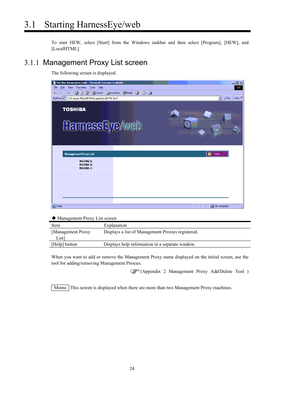 Starting harnesseye/web, Management proxy list screen, 1 starting harnesseye/web | 1 management proxy list screen | Toshiba Magnia 550d User Manual | Page 36 / 140