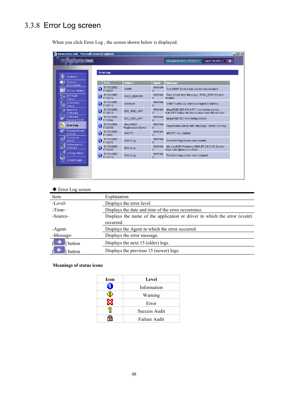 Error log screen, 8 error log screen | Toshiba Magnia 550d User Manual | Page 60 / 140