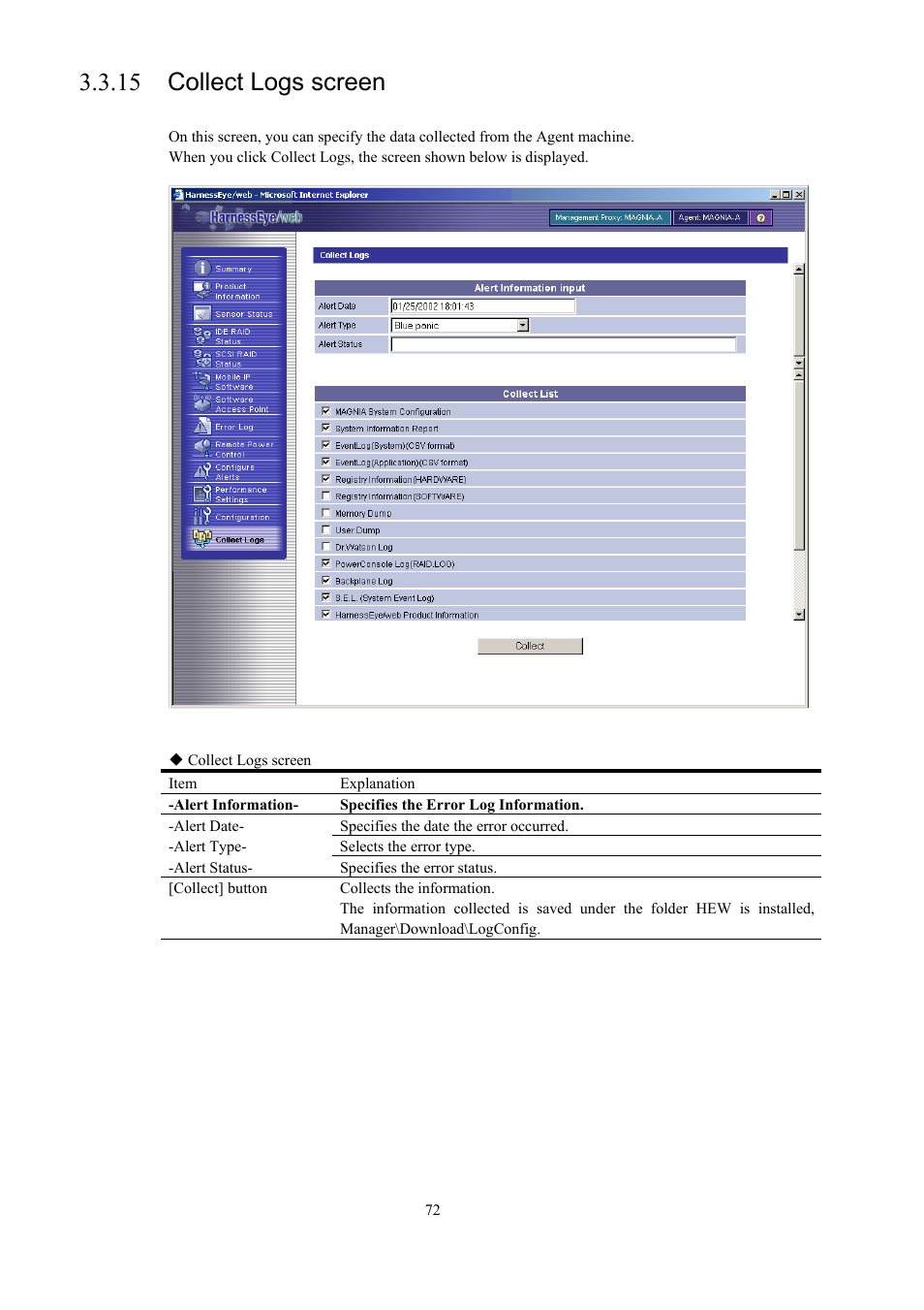 Collect logs screen, 15 collect logs screen | Toshiba Magnia 550d User Manual | Page 84 / 140