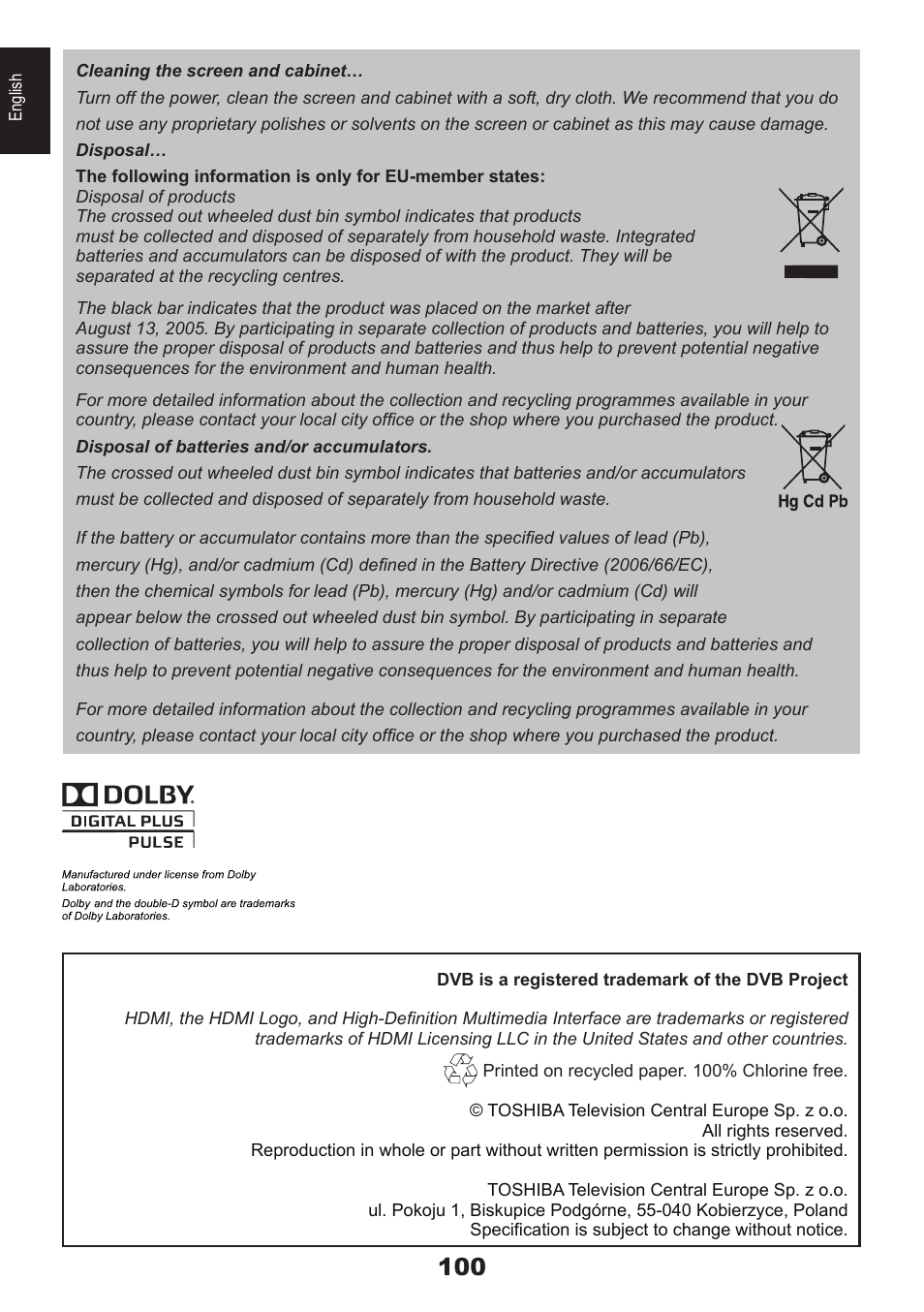 Toshiba DB833 User Manual | Page 100 / 100