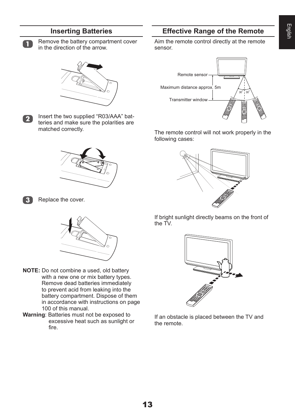 Inserting batteries, Effective range of the remote | Toshiba DB833 User Manual | Page 13 / 100