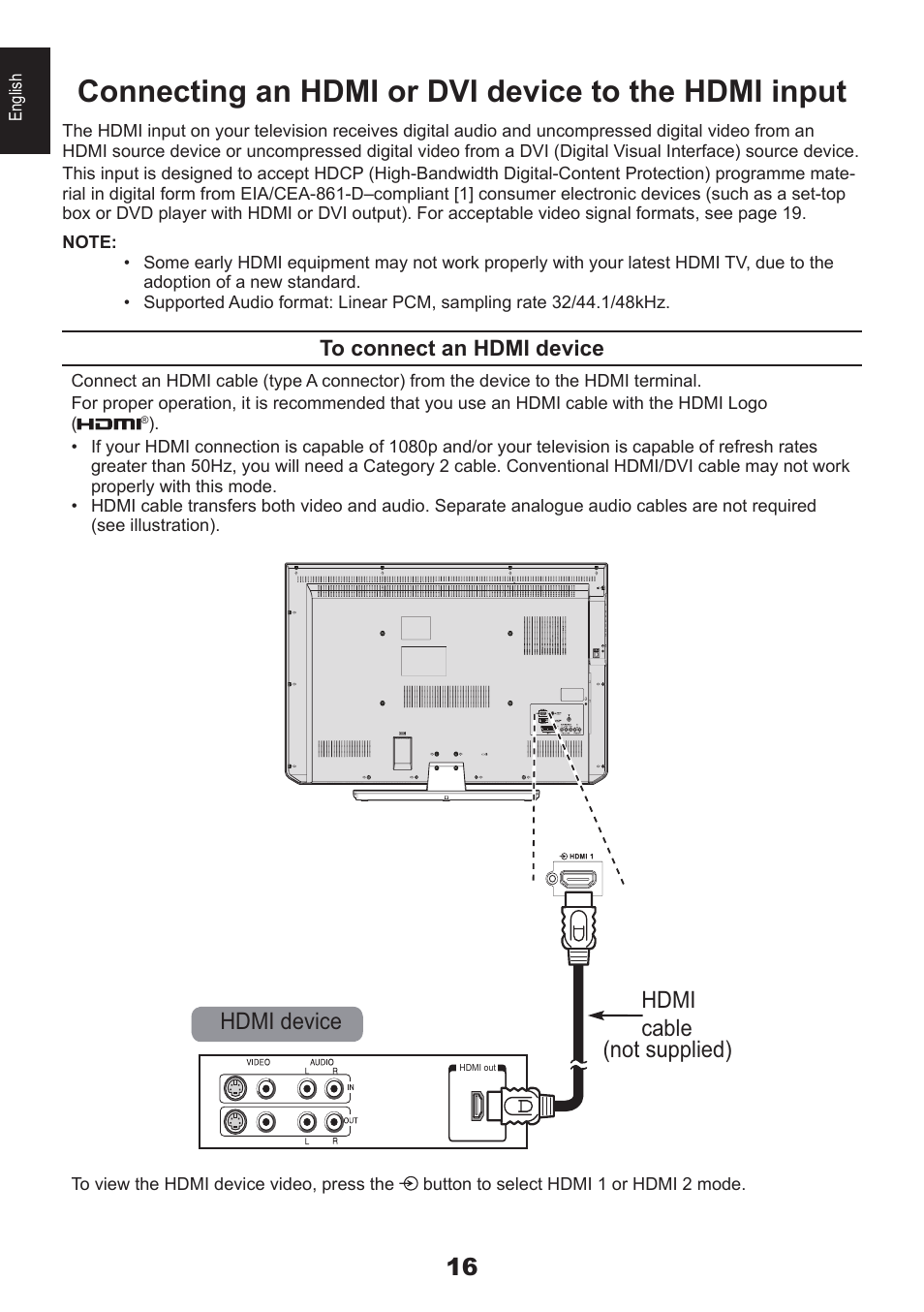 Connecting an hdmi or dvi device to the hdmi input, Hdmi cable hdmi device, Not supplied) | Toshiba DB833 User Manual | Page 16 / 100