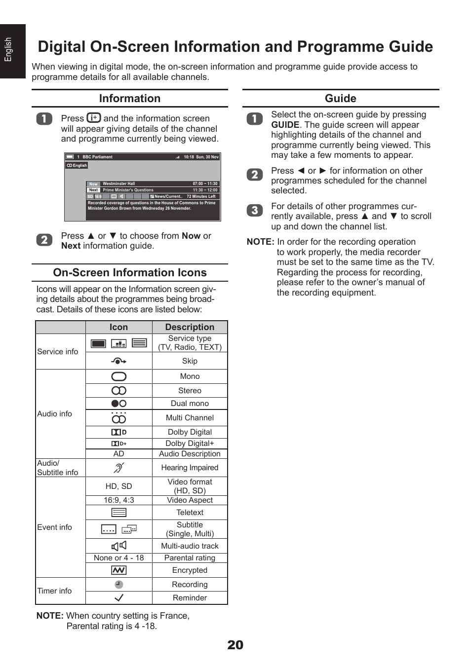 Digital on-screen information and programme guide, Guide, Information | On-screen information icons | Toshiba DB833 User Manual | Page 20 / 100