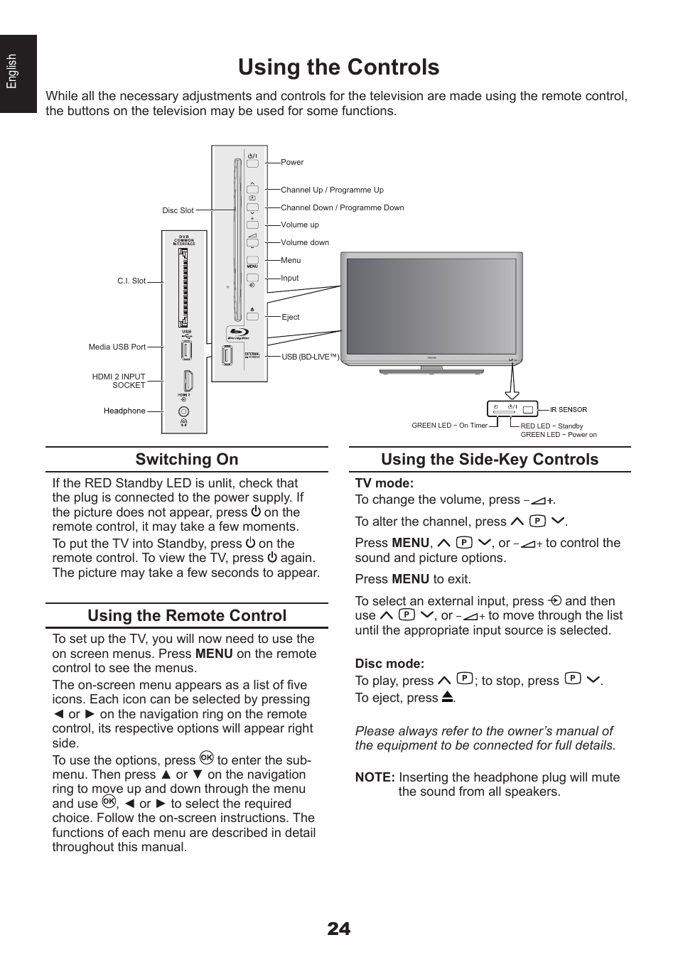 Using the controls, Switching on, Using the remote control | Using the side-key controls | Toshiba DB833 User Manual | Page 24 / 100