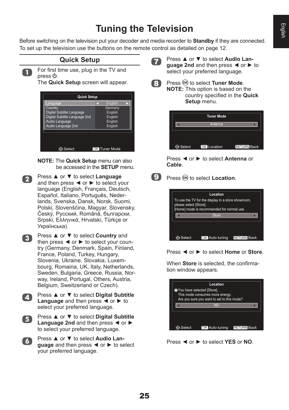 Tuning the television, Quick setup | Toshiba DB833 User Manual | Page 25 / 100