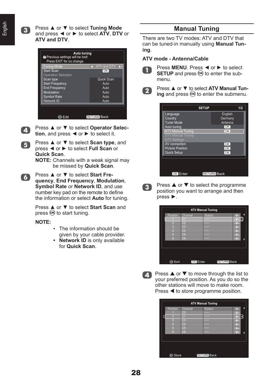 Manual tuning | Toshiba DB833 User Manual | Page 28 / 100