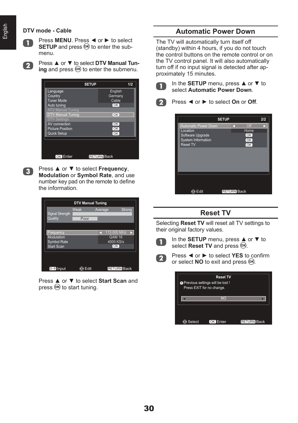 Automatic power down, Reset tv | Toshiba DB833 User Manual | Page 30 / 100