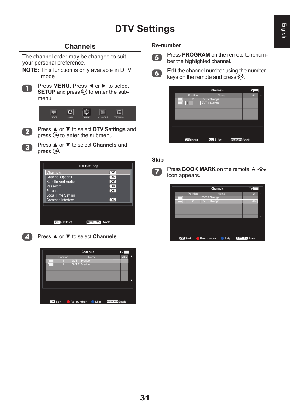 Dtv settings, Channels, English | Press ▲ or ▼ to select channels, Skip press book mark on the remote. a icon appears | Toshiba DB833 User Manual | Page 31 / 100