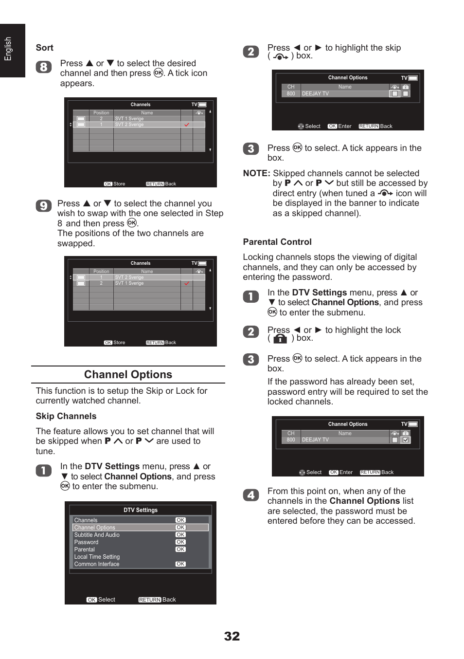 Channel options, English press ◄ or ► to highlight the skip | Toshiba DB833 User Manual | Page 32 / 100