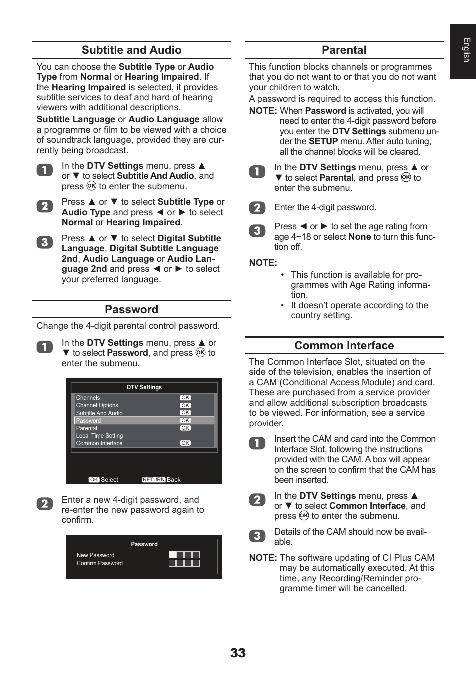 Subtitle and audio, Password, Parental | Common interface | Toshiba DB833 User Manual | Page 33 / 100