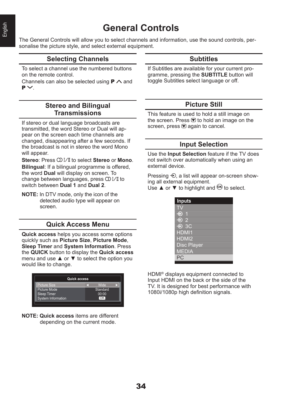 General controls, Selecting channels, Stereo and bilingual transmissions | Quick access menu, Subtitles, Picture still, Input selection | Toshiba DB833 User Manual | Page 34 / 100