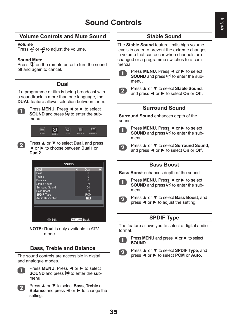 Sound controls, Volume controls and mute sound, Dual | Bass, treble and balance, Stable sound, Surround sound, Bass boost, Spdif type | Toshiba DB833 User Manual | Page 35 / 100