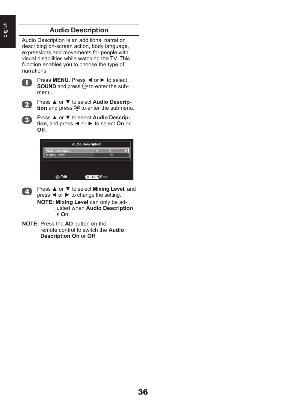 Audio description | Toshiba DB833 User Manual | Page 36 / 100