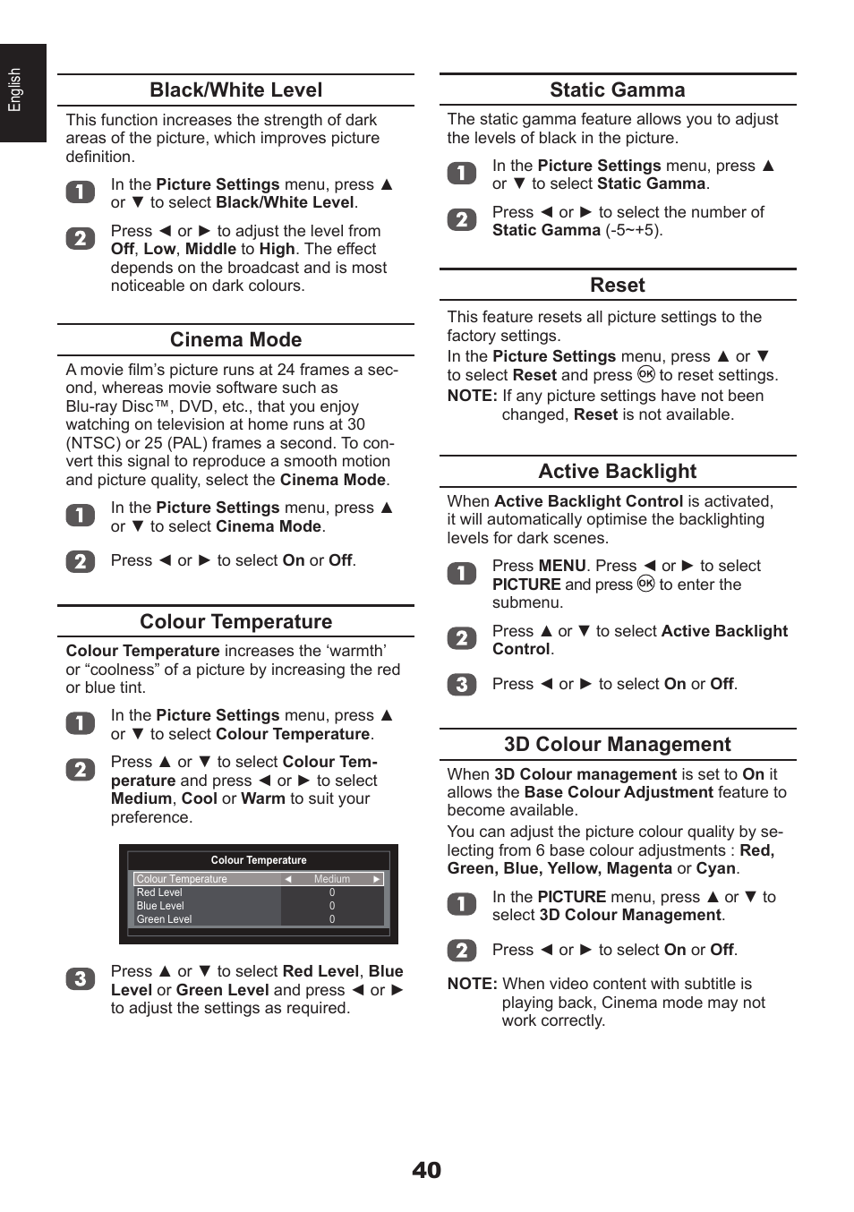 Black/white level, Cinema mode, Colour temperature | Static gamma, Reset, Active backlight, 3d colour management | Toshiba DB833 User Manual | Page 40 / 100