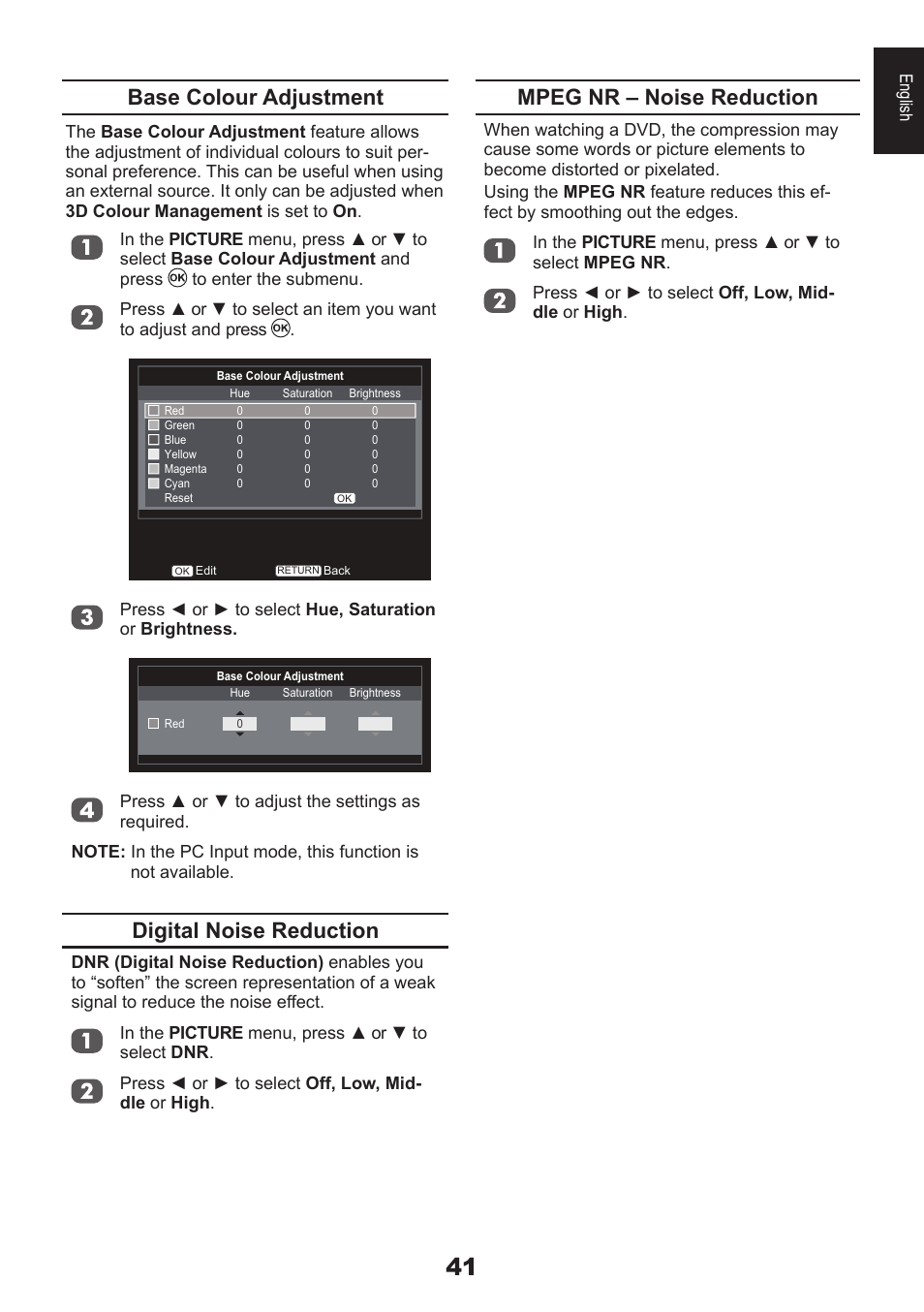 Base colour adjustment, Digital noise reduction, Mpeg nr – noise reduction | Toshiba DB833 User Manual | Page 41 / 100