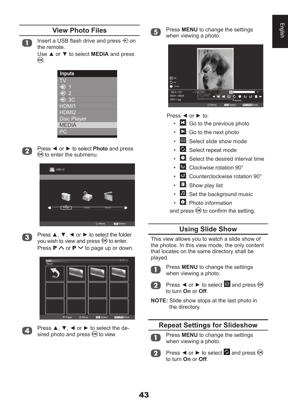 Using slide show, Repeat settings for slideshow, View photo files | Toshiba DB833 User Manual | Page 43 / 100