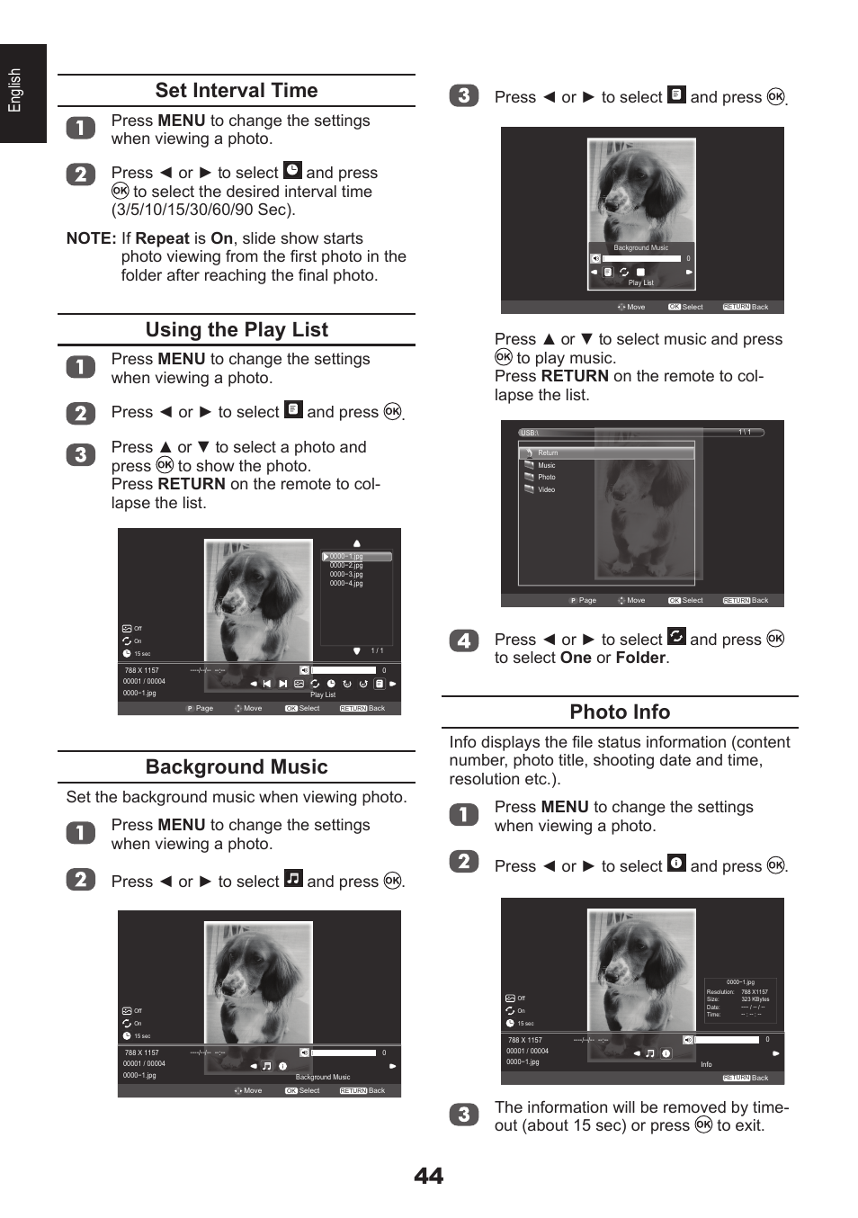 Set interval time, Using the play list, Background music | Photo info, English, Press ◄ or ► to select and press | Toshiba DB833 User Manual | Page 44 / 100