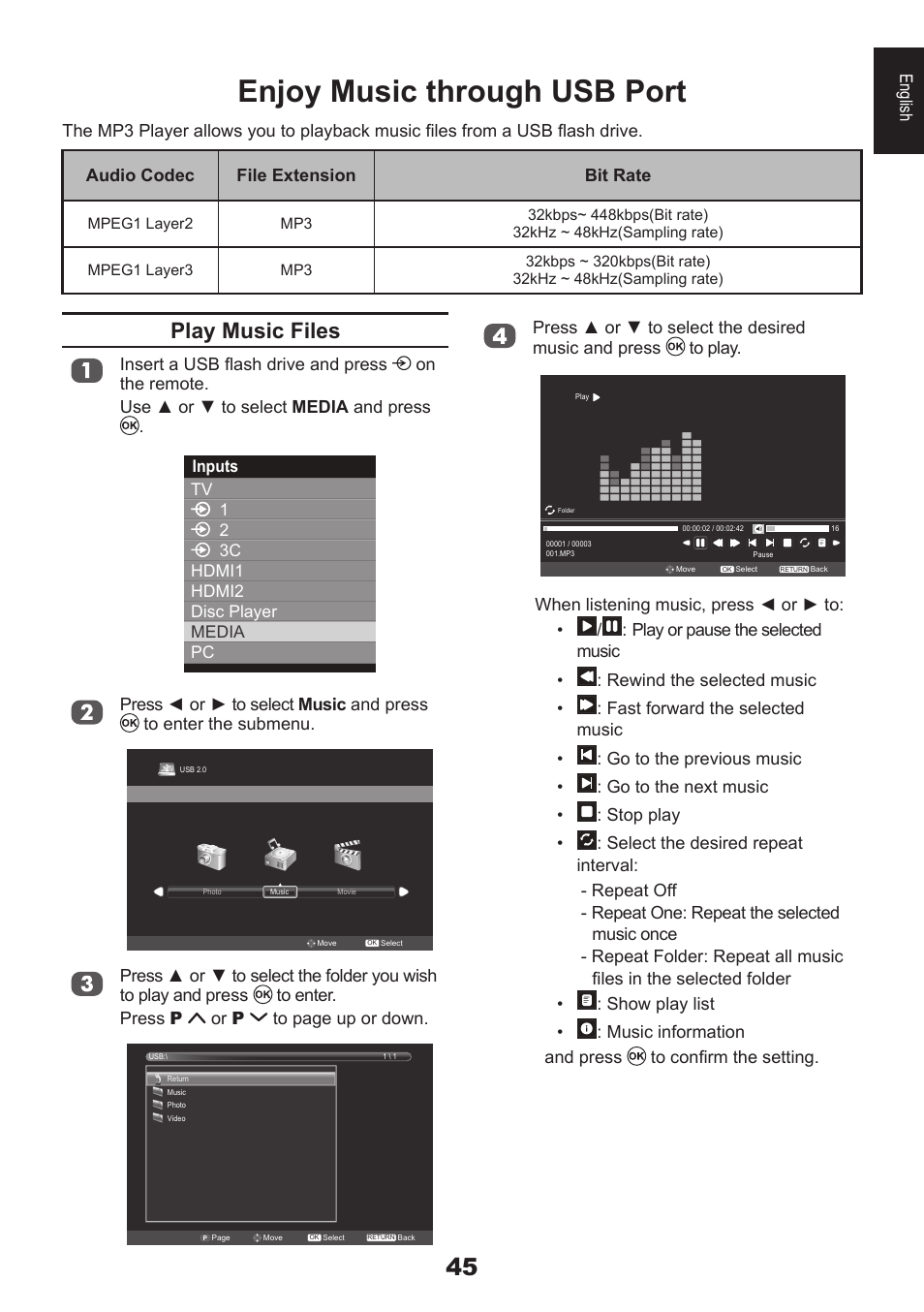 Enjoy music through usb port, Play music files | Toshiba DB833 User Manual | Page 45 / 100