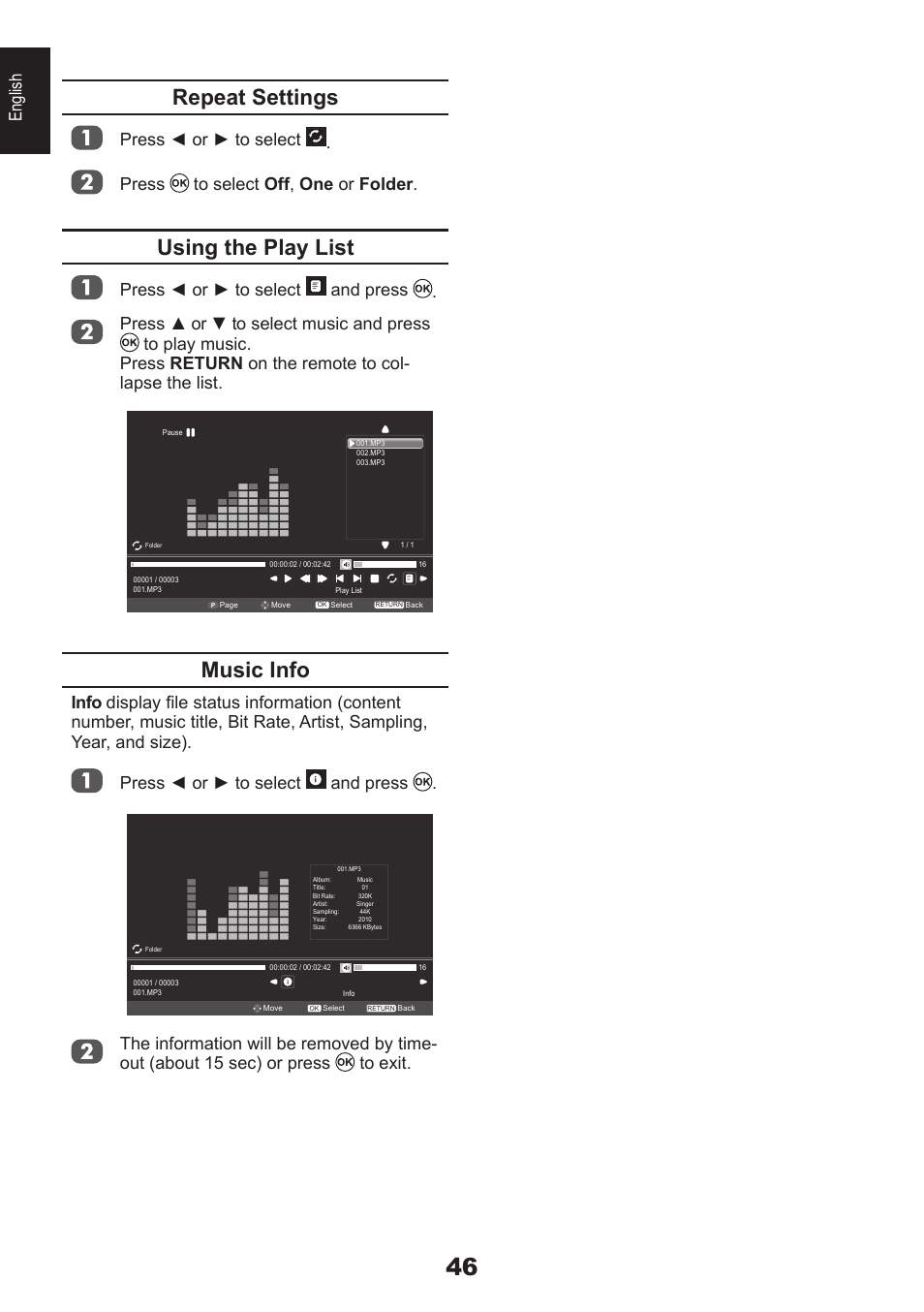 Repeat settings, Using the play list, Music info | English | Toshiba DB833 User Manual | Page 46 / 100