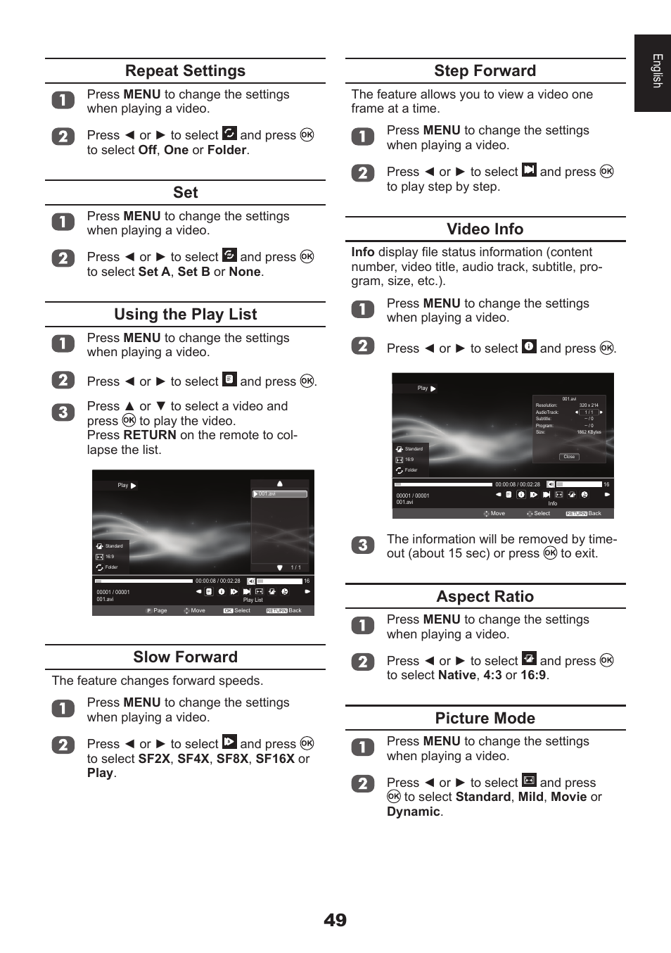 Step forward, Video info, Aspect ratio | Picture mode, Repeat settings, Using the play list, Slow forward | Toshiba DB833 User Manual | Page 49 / 100