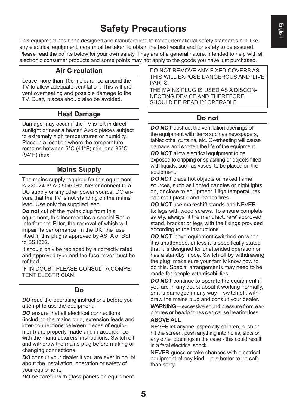 Safety precautions, Air circulation, Heat damage | Mains supply, Do not | Toshiba DB833 User Manual | Page 5 / 100
