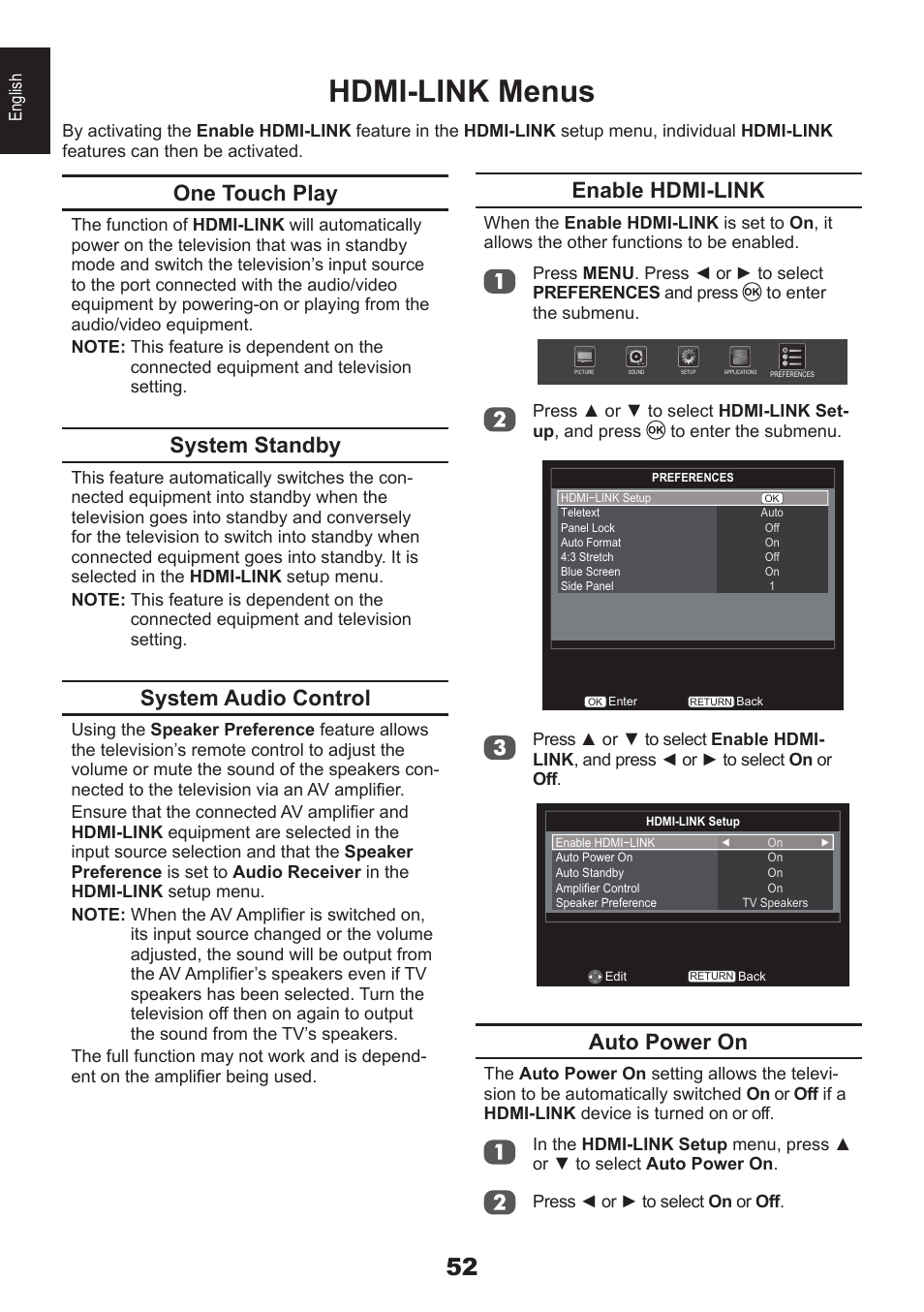 Hdmi-link menus, One touch play, System standby | System audio control, Enable hdmi-link, Auto power on | Toshiba DB833 User Manual | Page 52 / 100