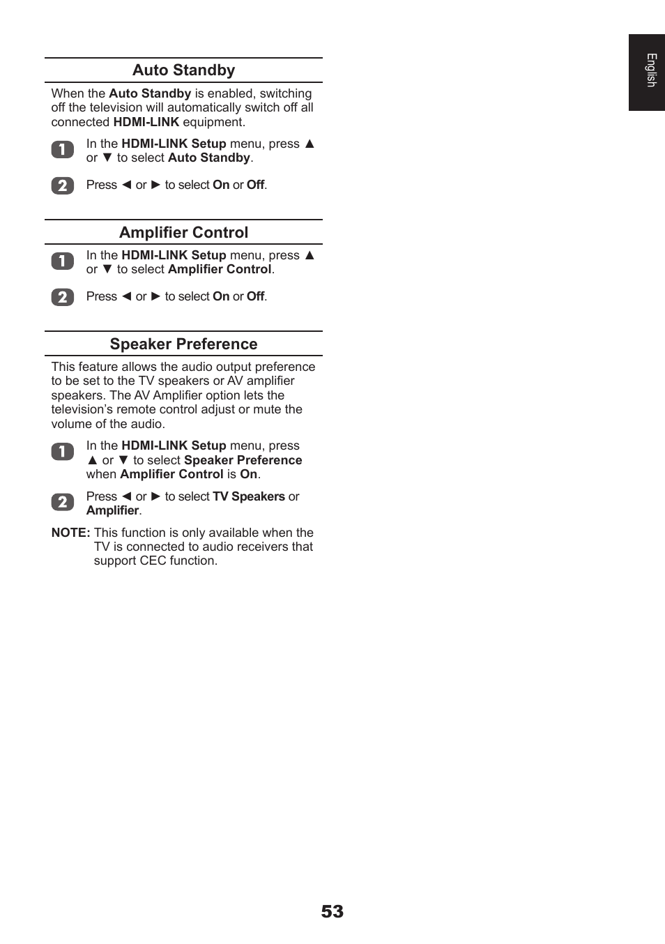 Auto standby, Amplifier control, Speaker preference | Toshiba DB833 User Manual | Page 53 / 100