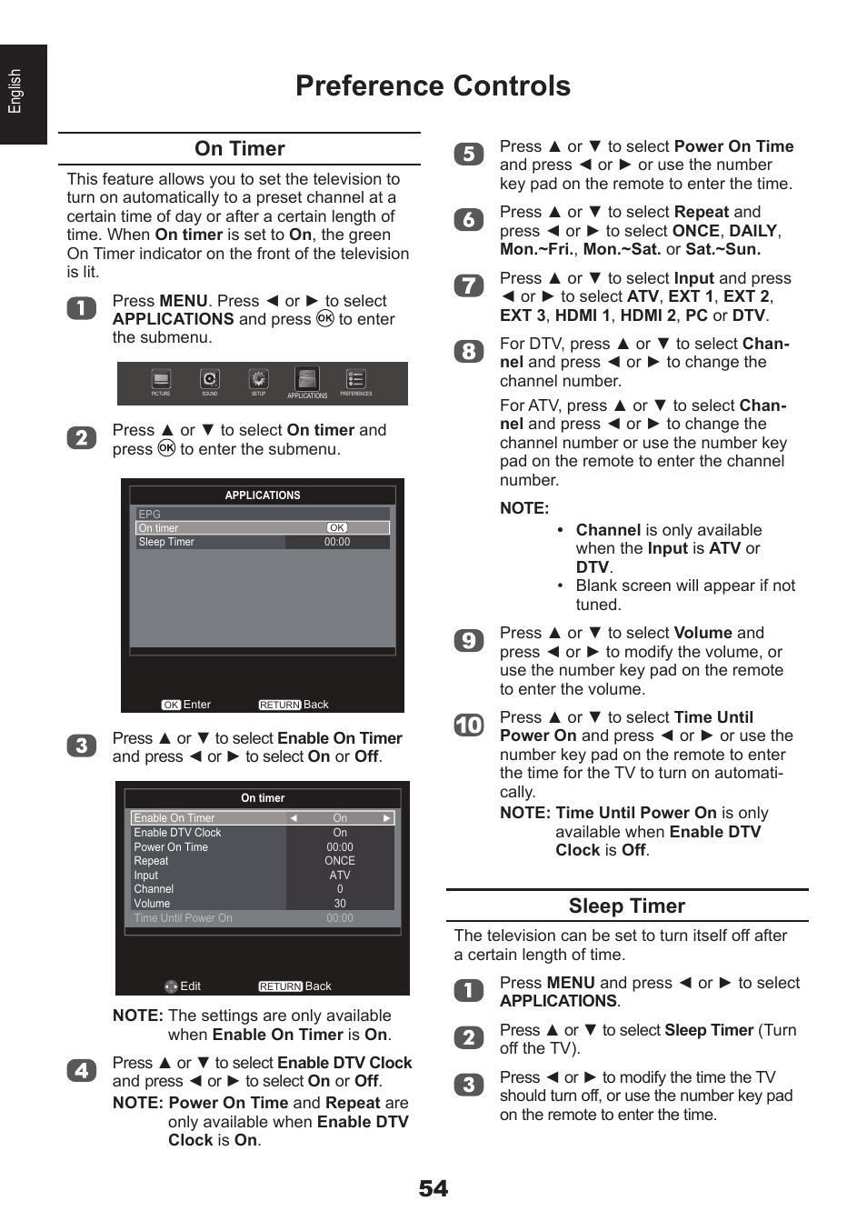 Preference controls, On timer, Sleep timer | Toshiba DB833 User Manual | Page 54 / 100