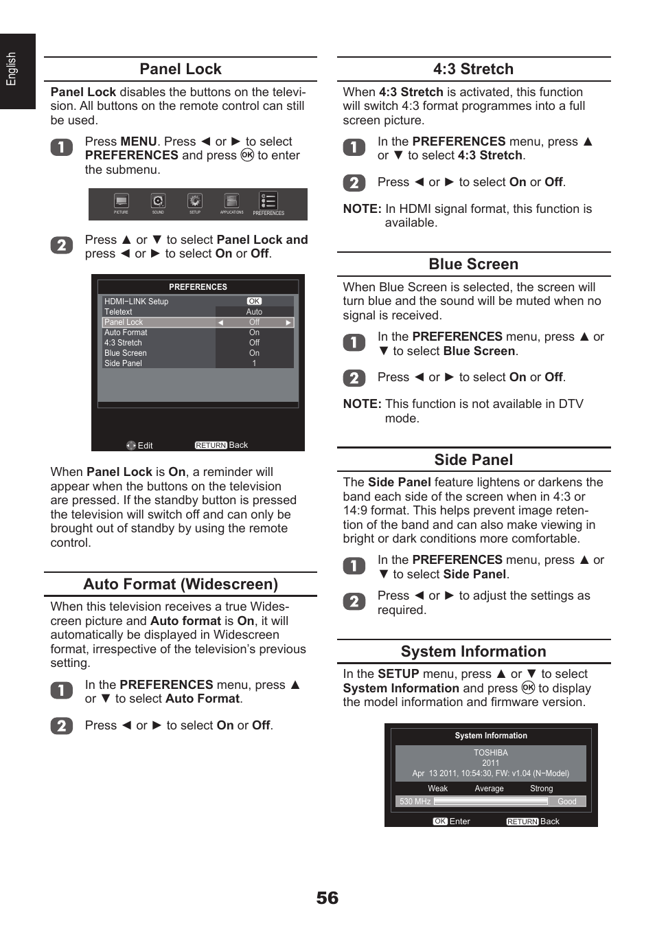 3 stretch, Blue screen, Side panel | System information, Panel lock, Auto format (widescreen) | Toshiba DB833 User Manual | Page 56 / 100