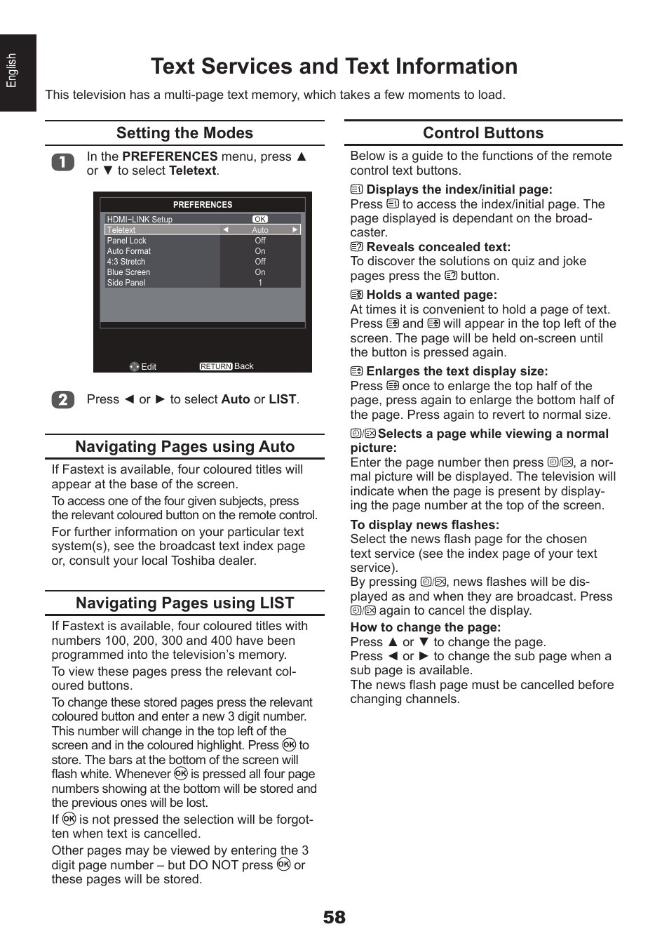 Text services and text information, Control buttons, Setting the modes | Navigating pages using auto, Navigating pages using list | Toshiba DB833 User Manual | Page 58 / 100