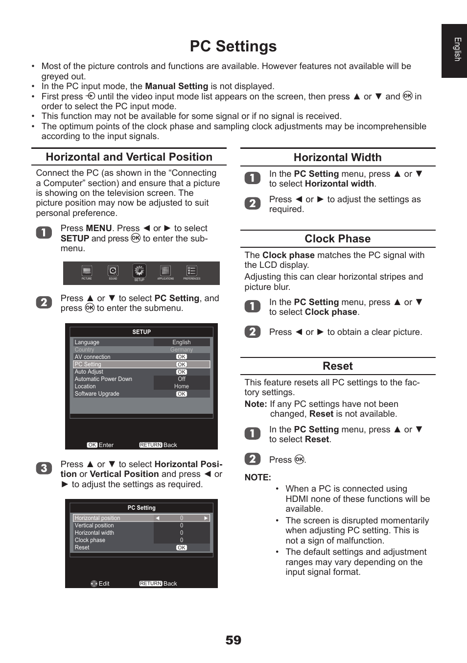 Pc settings, Horizontal and vertical position, Horizontal width | Clock phase, Reset | Toshiba DB833 User Manual | Page 59 / 100