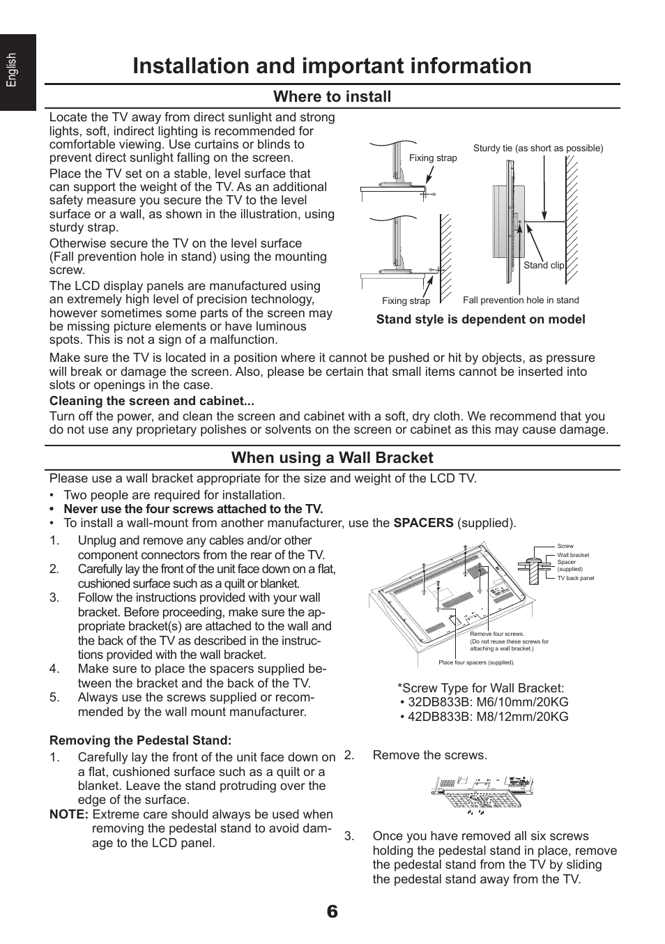 Installation and important information, Where to install, When using a wall bracket | Toshiba DB833 User Manual | Page 6 / 100