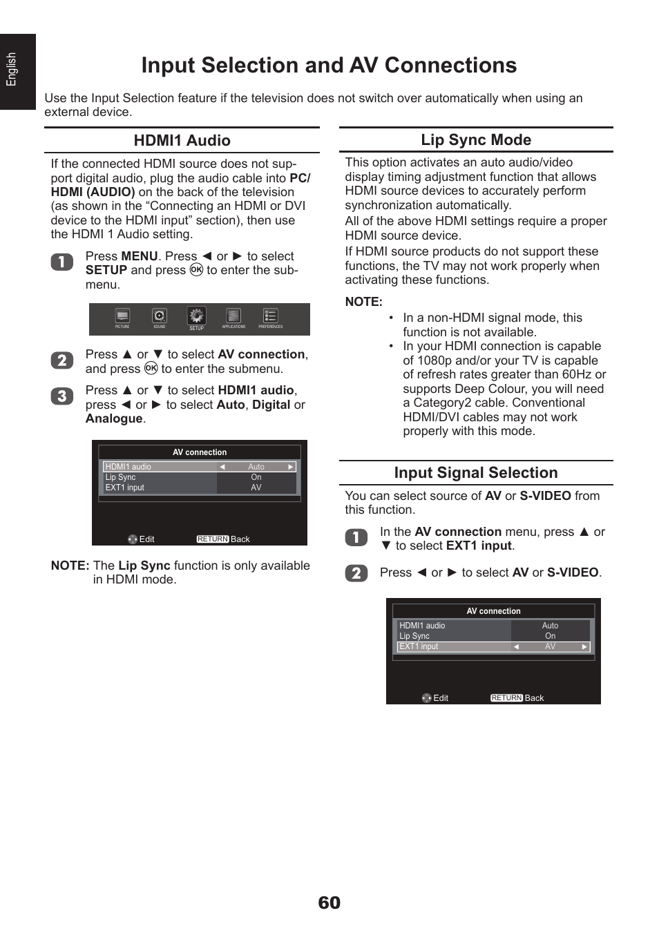 Input selection and av connections, Lip sync mode, Input signal selection | Hdmi1 audio | Toshiba DB833 User Manual | Page 60 / 100