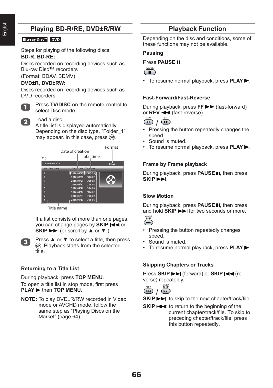 Playback function, Playing bd-r/re, dvd±r/rw | Toshiba DB833 User Manual | Page 66 / 100