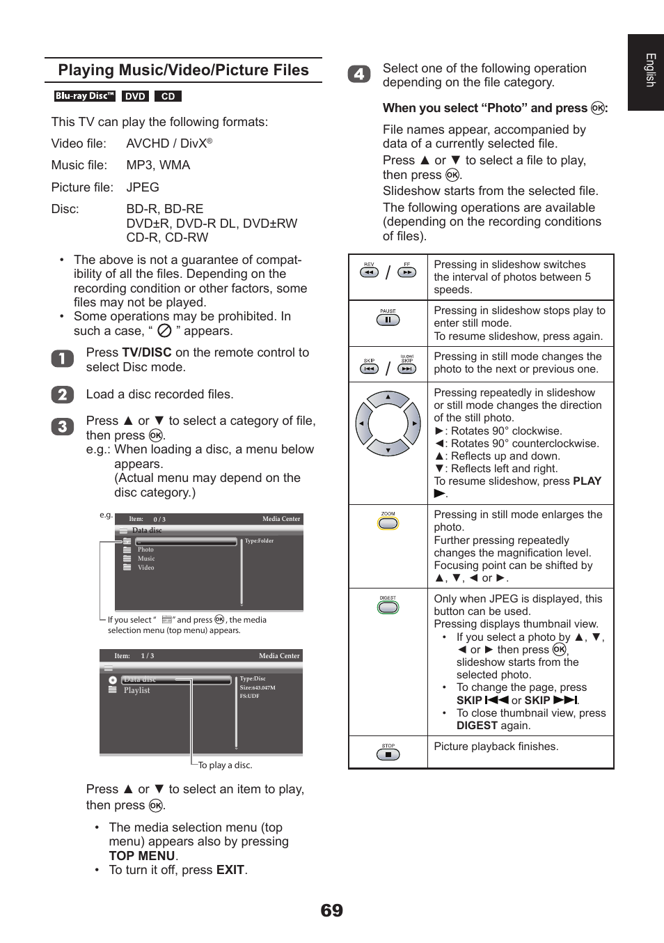 Playing music/video/picture files, English | Toshiba DB833 User Manual | Page 69 / 100