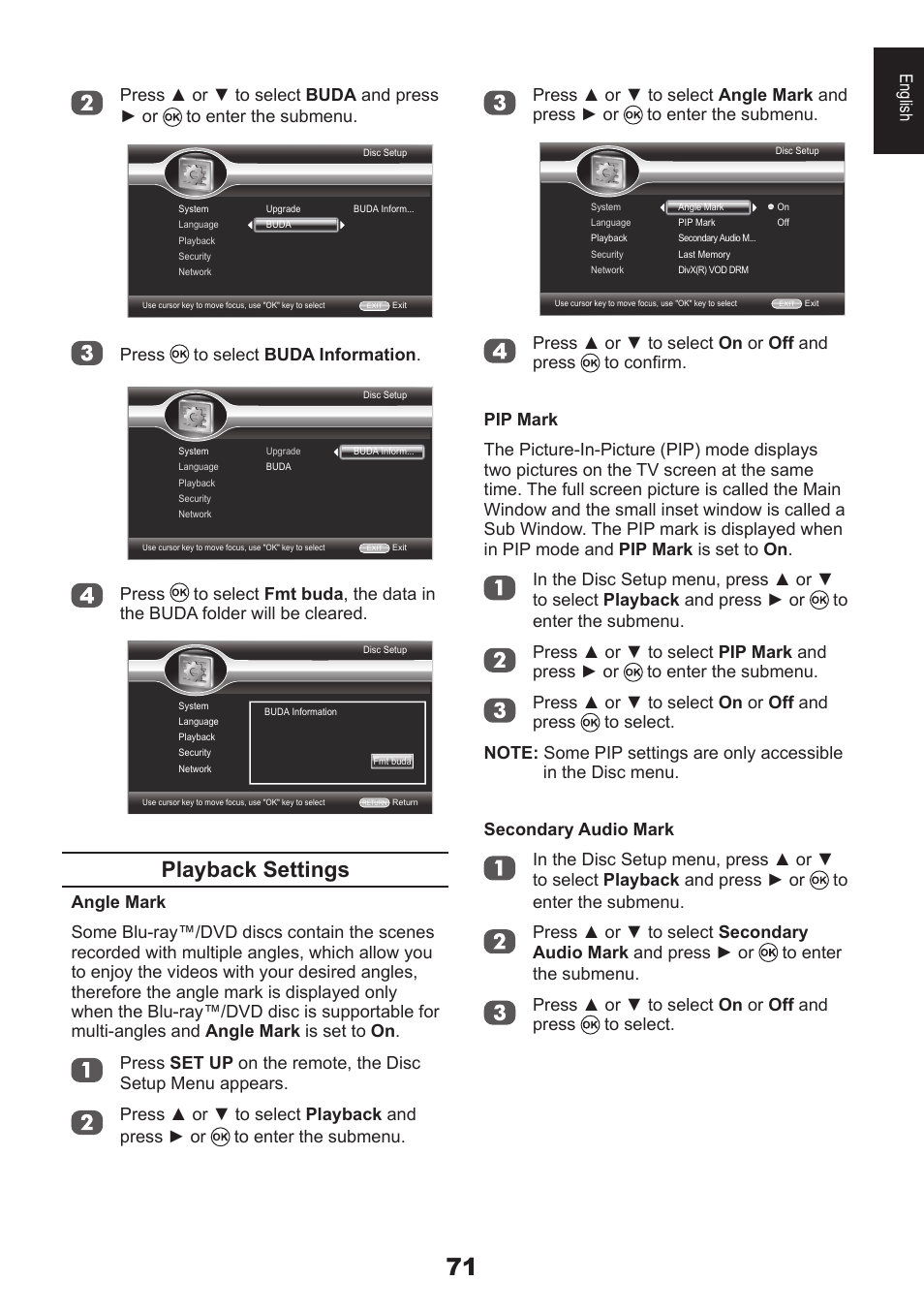 Playback settings | Toshiba DB833 User Manual | Page 71 / 100