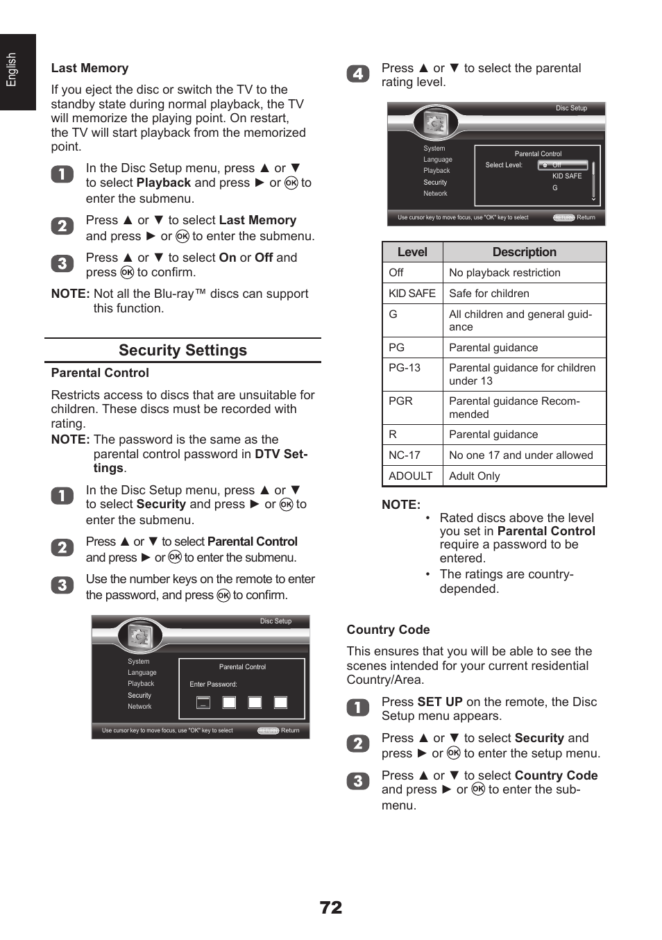 Security settings | Toshiba DB833 User Manual | Page 72 / 100