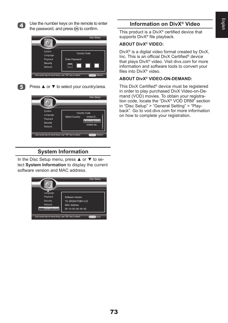 System information, Information on divx, Video | Press ▲ or ▼ to select your country/area, This product is a divx, Certified device that supports divx, File playback. about divx, Video: divx, Device that plays divx, Video. about divx | Toshiba DB833 User Manual | Page 73 / 100