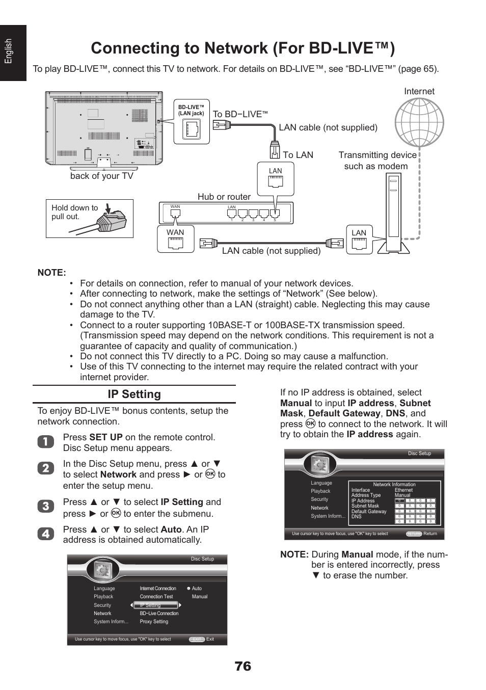 Connecting to network (for bd-live™), Ip setting, English | Back of your tv | Toshiba DB833 User Manual | Page 76 / 100