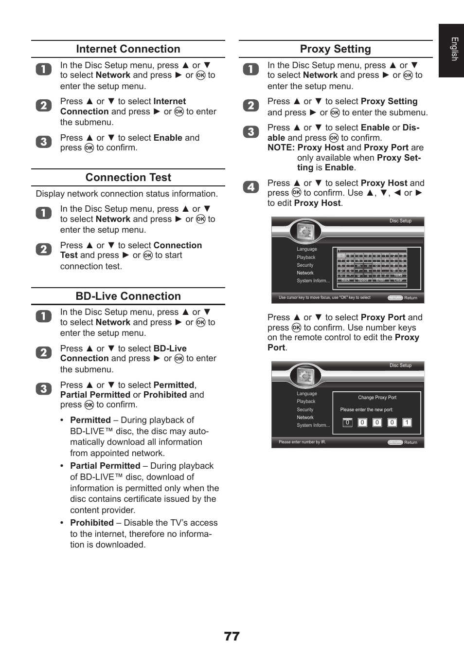 Internet connection, Connection test, Bd-live connection | Proxy setting, English | Toshiba DB833 User Manual | Page 77 / 100