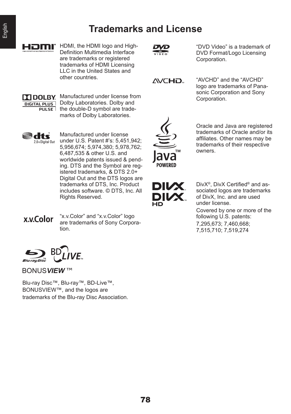 Trademarks and license, Bonus view | Toshiba DB833 User Manual | Page 78 / 100