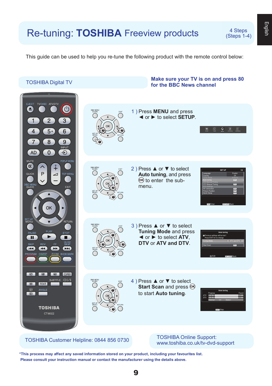 Re-tuning: toshiba, Freeview products, English | 4 steps toshiba digital tv, Press menu and press ◄ or ► to select setup . 1 ), Steps 1-4) | Toshiba DB833 User Manual | Page 9 / 100