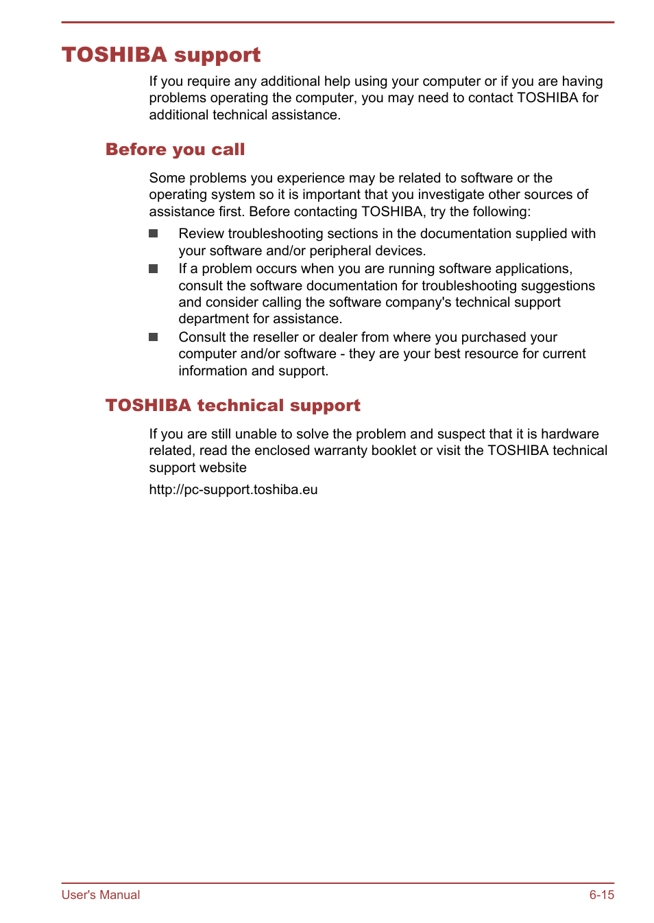 Toshiba support, Before you call, Toshiba technical support | Toshiba support -15 | Toshiba Satellite Pro R50-B User Manual | Page 103 / 128