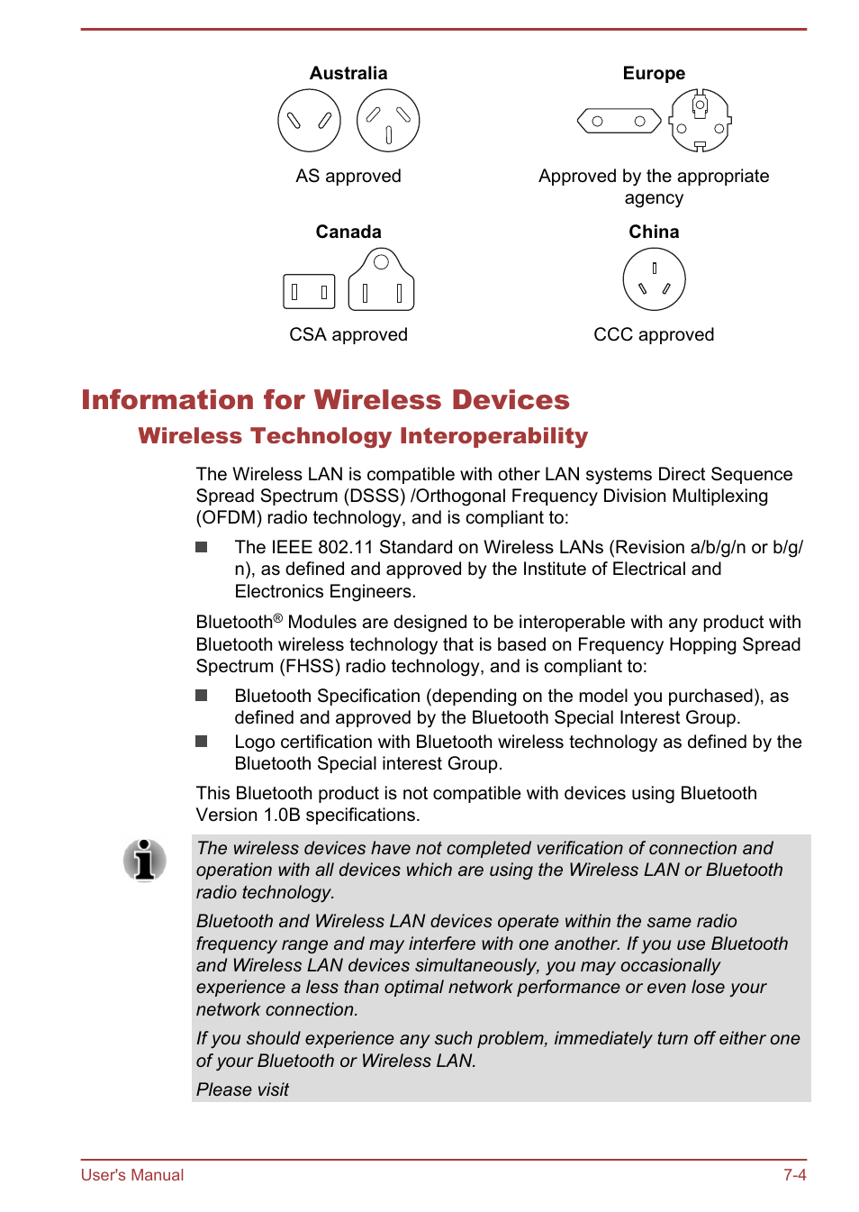 Information for wireless devices, Wireless technology interoperability, Information for wireless devices -4 | Toshiba Satellite Pro R50-B User Manual | Page 107 / 128