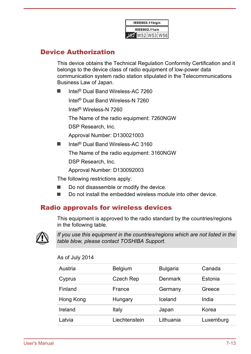 Device authorization, Radio approvals for wireless devices | Toshiba Satellite Pro R50-B User Manual | Page 116 / 128