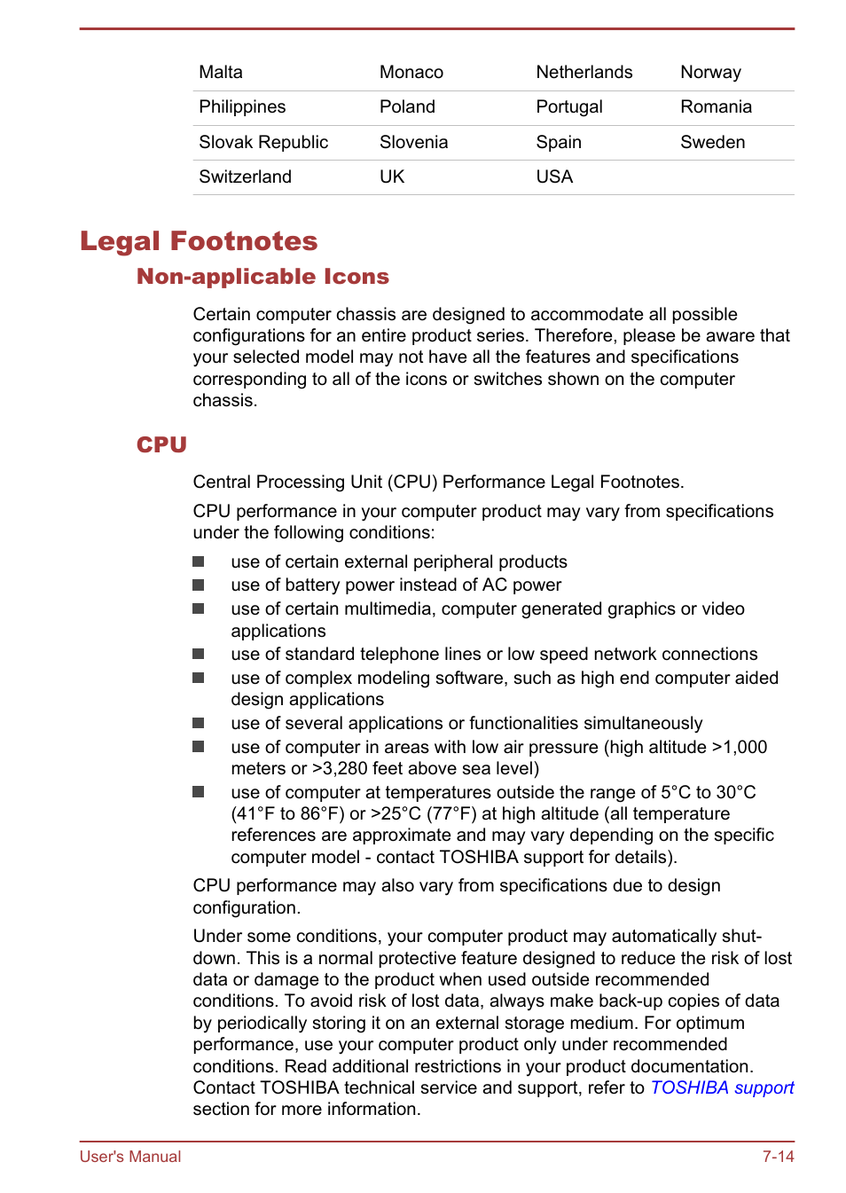 Legal footnotes, Non-applicable icons, Legal footnotes -14 | Legal, Footnotes, Section | Toshiba Satellite Pro R50-B User Manual | Page 117 / 128