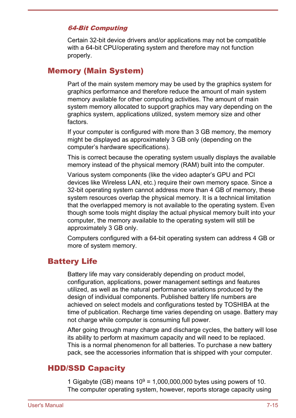 Memory (main system), Battery life, Hdd/ssd capacity | Toshiba Satellite Pro R50-B User Manual | Page 118 / 128