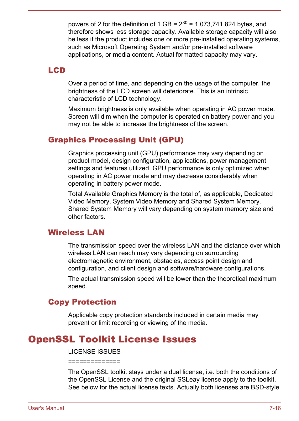 Graphics processing unit (gpu), Wireless lan, Copy protection | Openssl toolkit license issues, Openssl toolkit license issues -16 | Toshiba Satellite Pro R50-B User Manual | Page 119 / 128